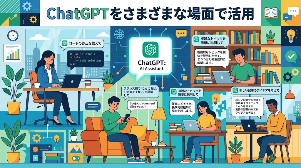 ChatGPTをさまざまな場面で活用している様子のイラスト