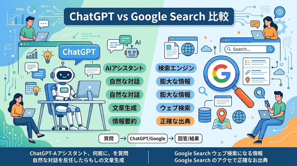 ChatGPTとGoogle検索を比較している様子のイラスト