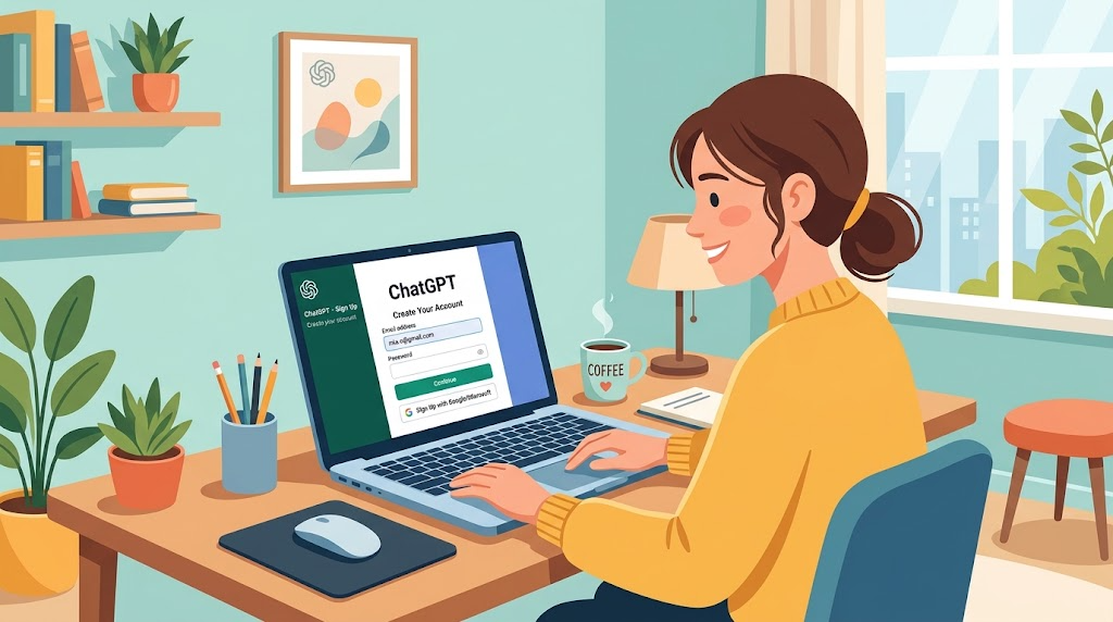 パソコンでChatGPTに登録している様子のイラスト