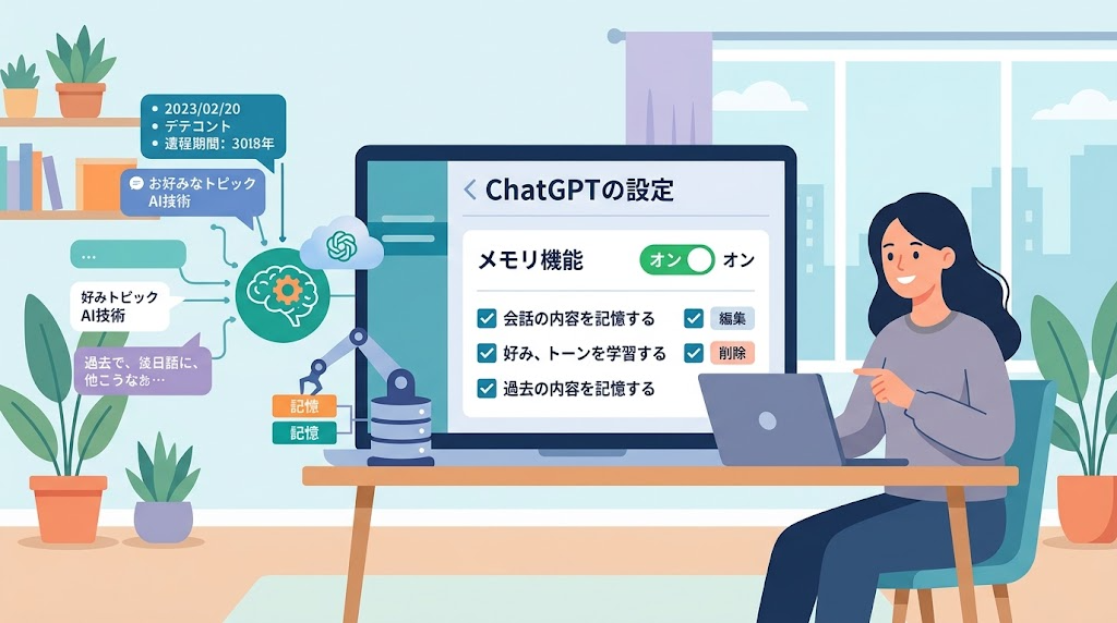 ChatGPTのメモリ機能を設定している様子のイラスト