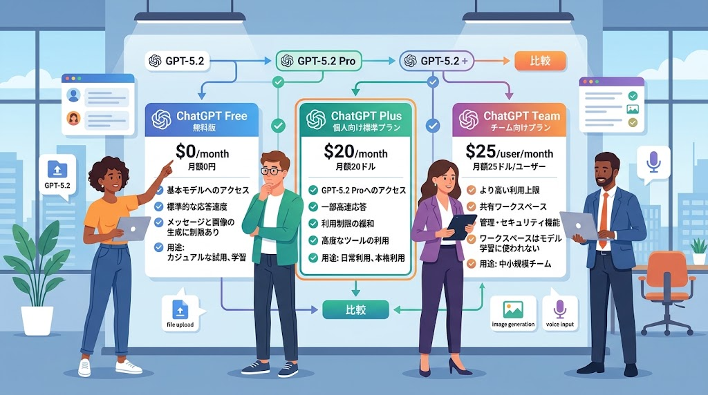ChatGPTの料金プランを比較検討している様子のイラスト