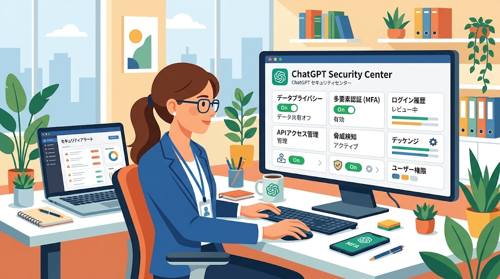 ChatGPTのセキュリティ設定を確認している様子のイラスト