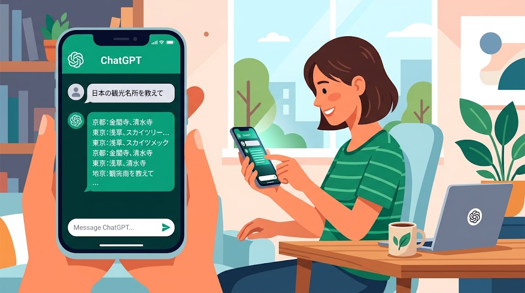 スマホでChatGPTアプリを操作している様子のイラスト