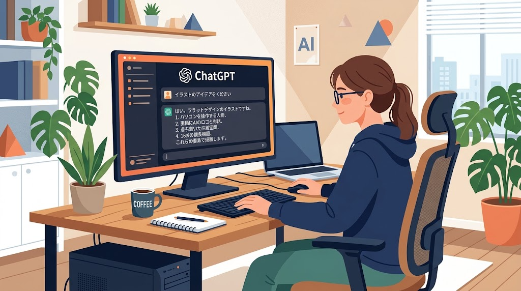 パソコンでChatGPTを操作している様子のイラスト