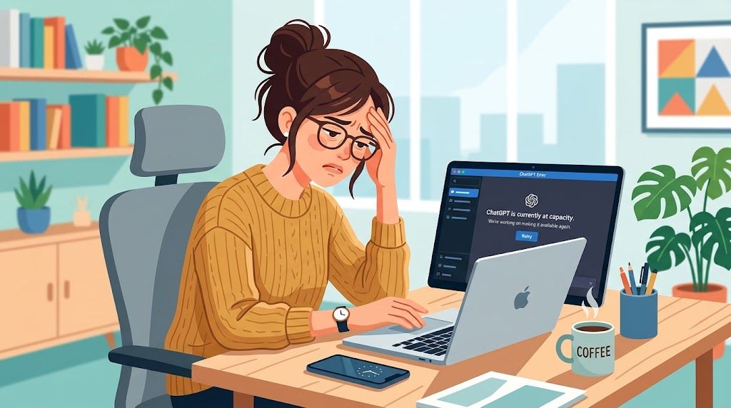 ChatGPTのエラー画面を見て困っている様子のイラスト