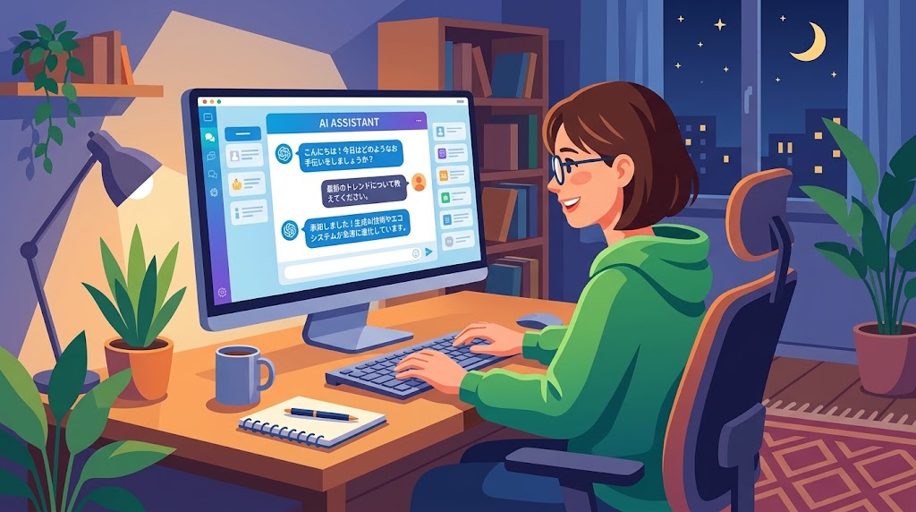 パソコンでAIチャットサービスを使って会話している様子の写真風イラスト