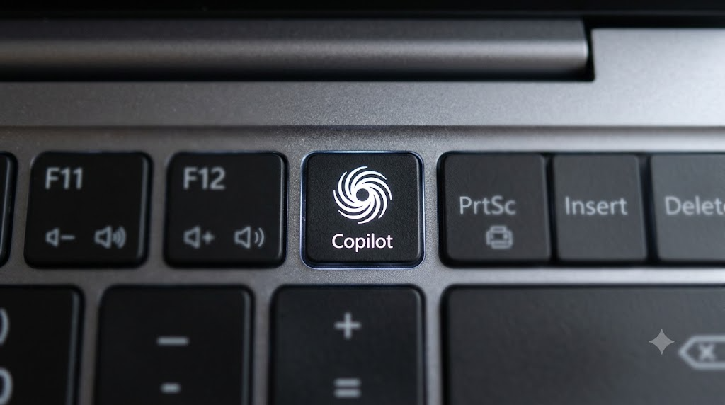 ノートパソコンのキーボードを真上から見たクローズアップ写真風イラスト、Copilotキー付近にピントが合っている