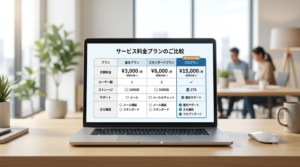ノートパソコンの画面を正面から見た構図の写真風イラスト、料金プランの比較表のようなイメージ