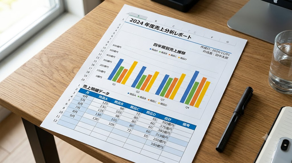 Excelのグラフとデータ表を斜め上から見下ろすアングルで撮影した写真風イラスト