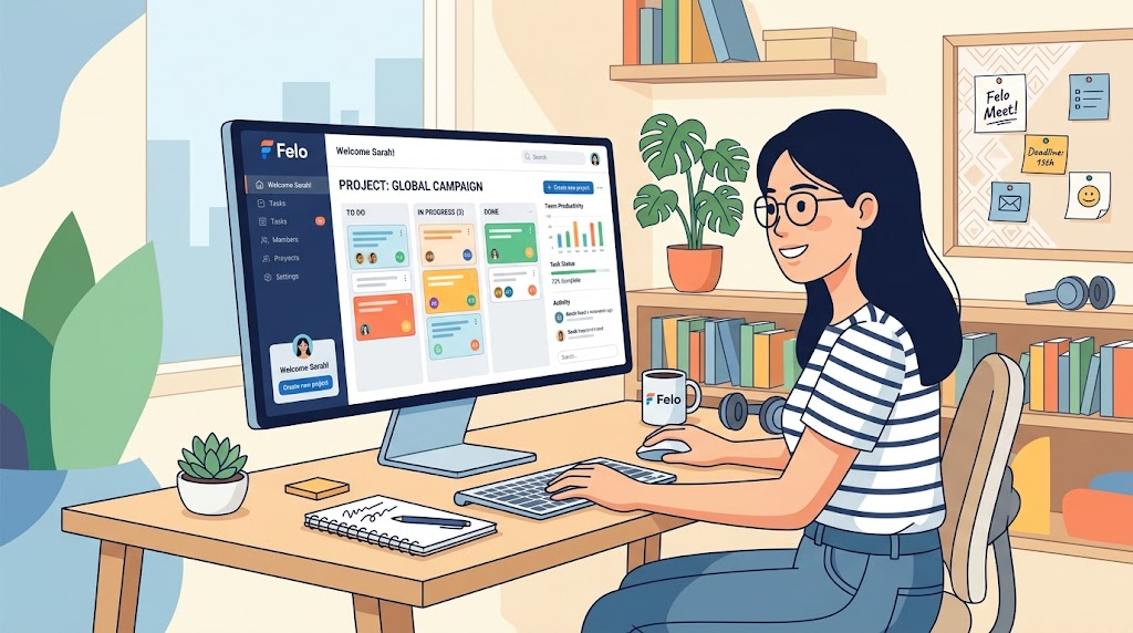 パソコンでFeloを操作している様子のイラスト