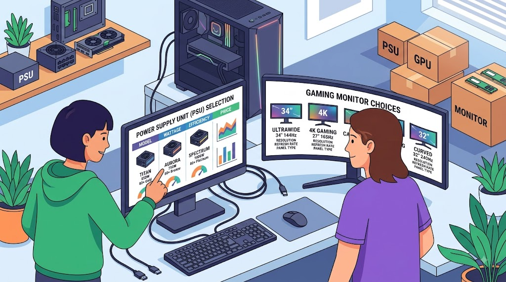 ゲーミングPCの電源ユニットとモニターを選んでいる様子のイラスト