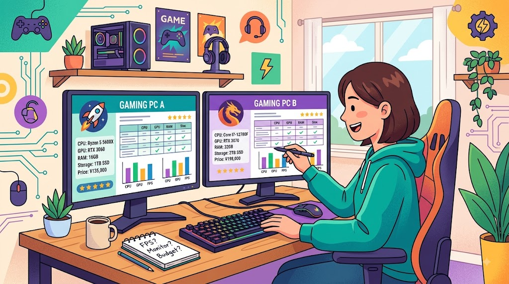 初心者がゲーミングPCのスペックを比較しながら選んでいる様子のイラスト