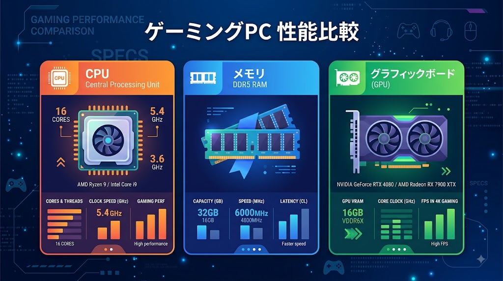 ゲーミングPCのCPU・メモリ・グラフィックボードを比較している様子のイラスト