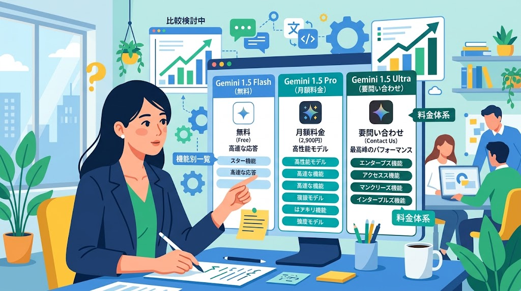 Geminiの料金プランを比較検討している様子のイラスト