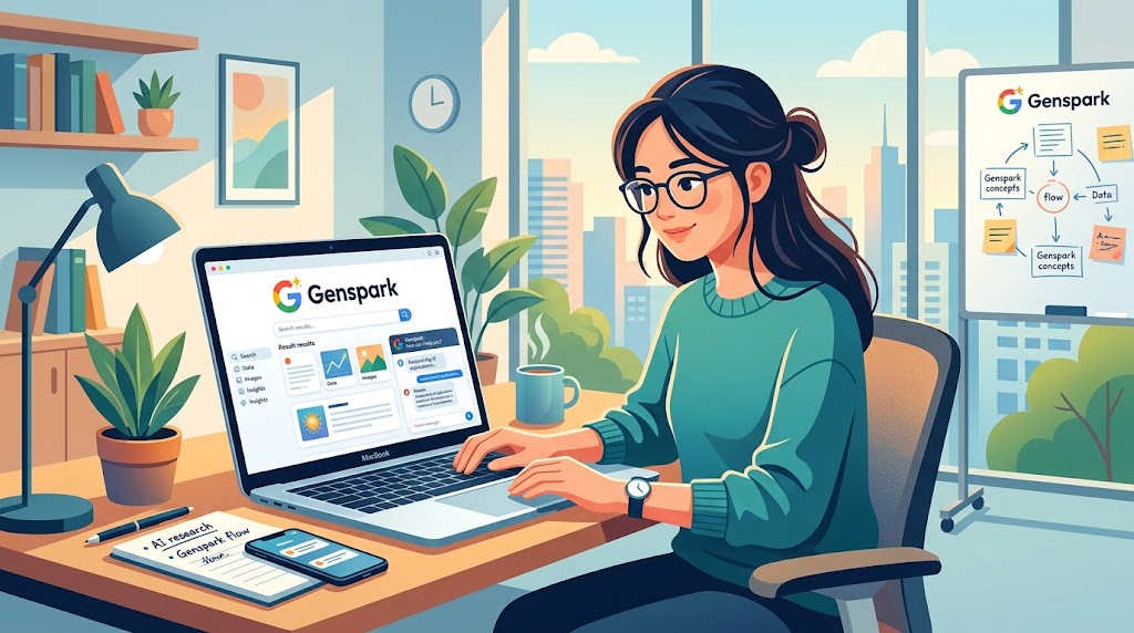 パソコンでGensparkを操作している様子のイラスト