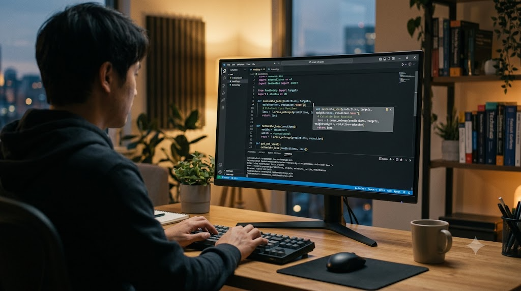 コードエディタの画面でAIによるコード補完が表示されている様子の写真風イラスト
