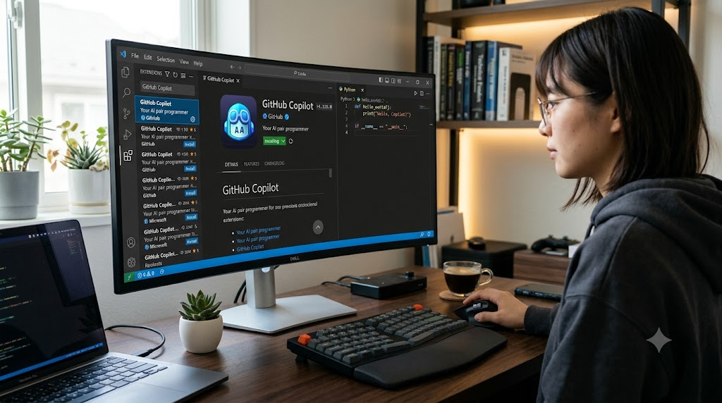 Visual Studio CodeにGitHub Copilotの拡張機能をインストールしている様子の写真風イラスト