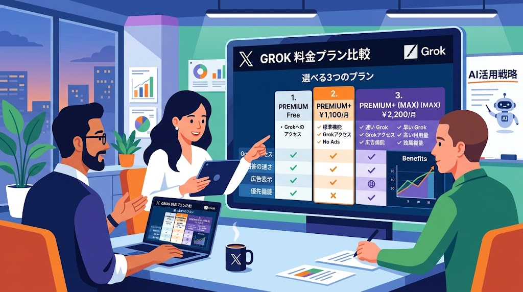 Grokの料金プランを比較検討している様子のイラスト