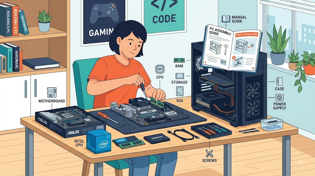 初心者が手順に沿って自作PCを組み立てている様子のイラスト
