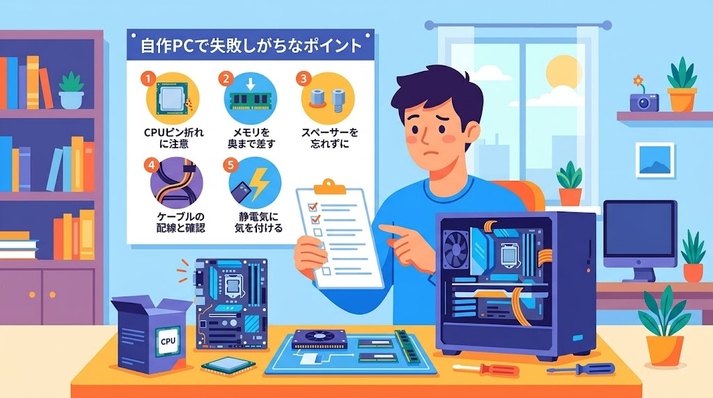 自作PCで失敗しがちなポイントを確認しているイラスト