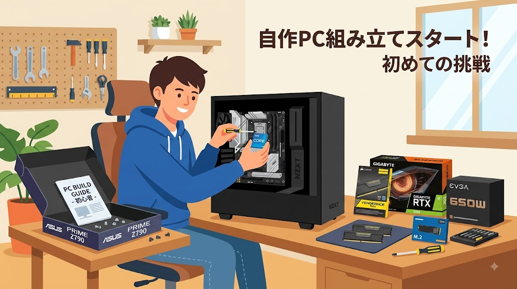 初心者が自作PCのパーツを揃えて組み立てを始めている様子のイラスト