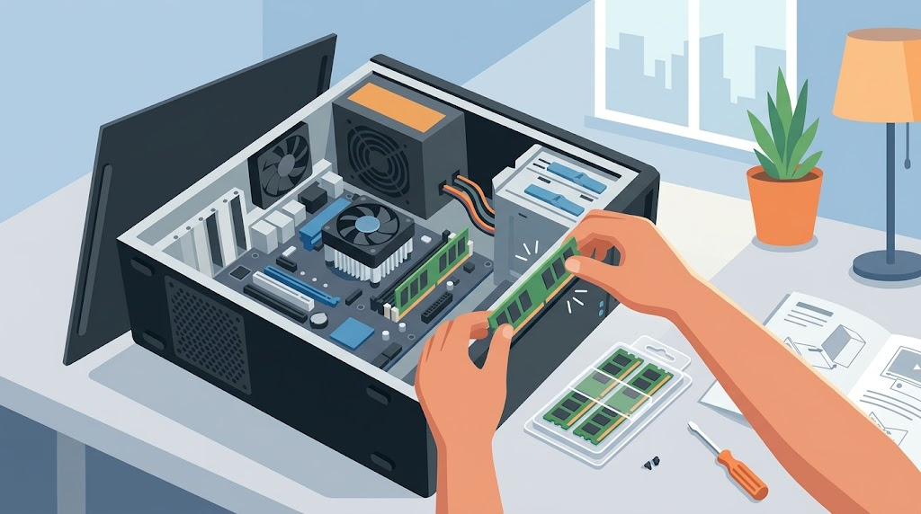 デスクトップPCのケースを開けてメモリを増設している様子のイラスト