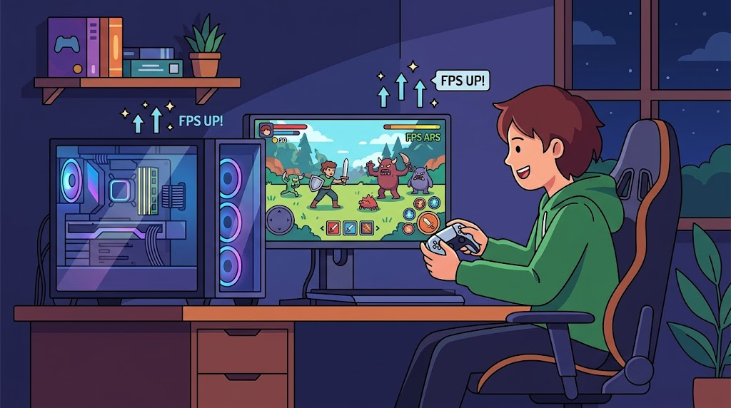 ゲーミングPCにメモリを増設してゲームを快適にプレイしている様子のイラスト