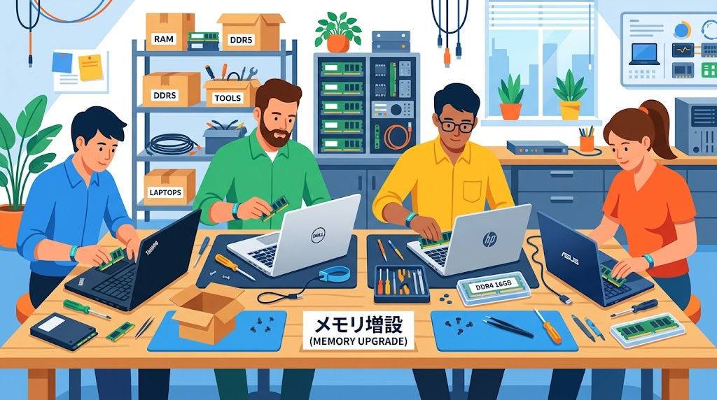 さまざまなメーカーのパソコンにメモリを増設している様子のイラスト