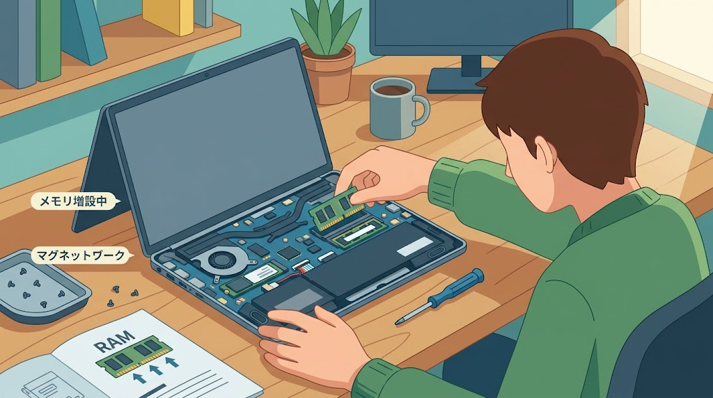 ノートパソコンの裏面を開けてメモリを増設している様子のイラスト