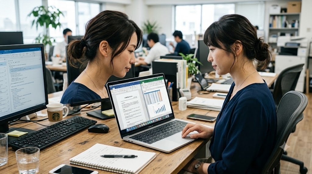 オフィスのデスクでノートパソコンのWord・Excel画面を斜めから見ている様子の写真風イラスト