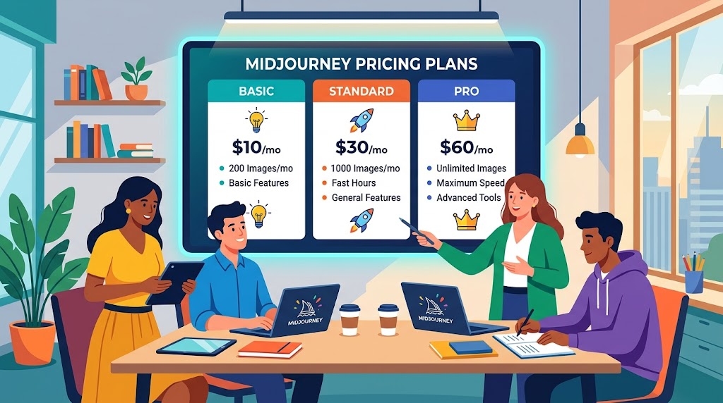 Midjourneyの料金プランを比較検討している様子のイラスト