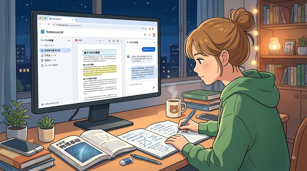 教科書やノートをNotebookLMに読み込ませて勉強している様子のイラスト