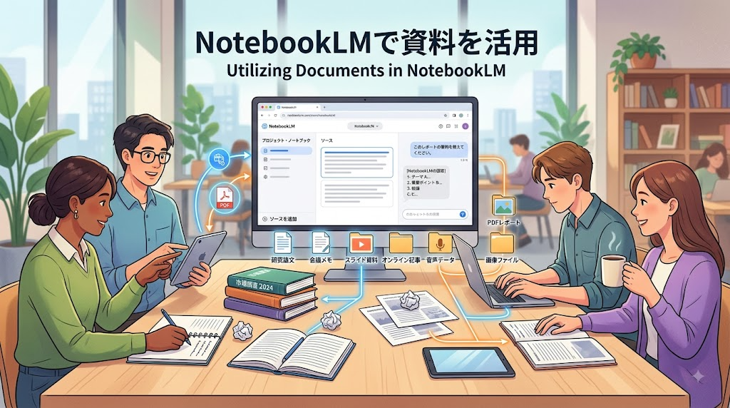 さまざまな資料をNotebookLMで活用しているイメージイラスト