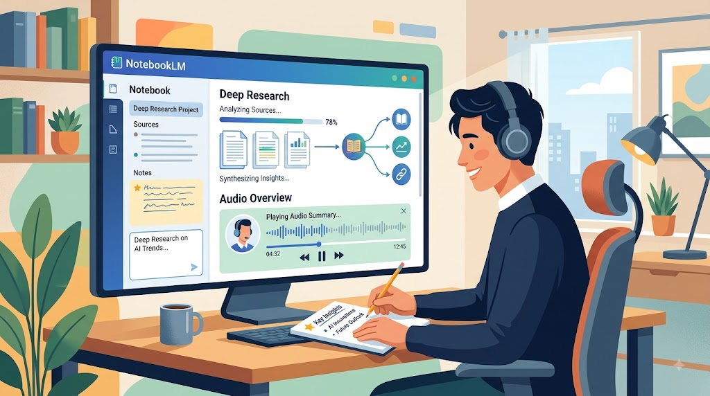 NotebookLMでDeep Researchと音声概要を活用している様子のイラスト