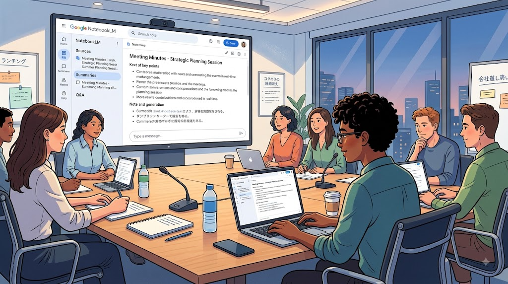 NotebookLMで会議の議事録を作成している様子のイラスト