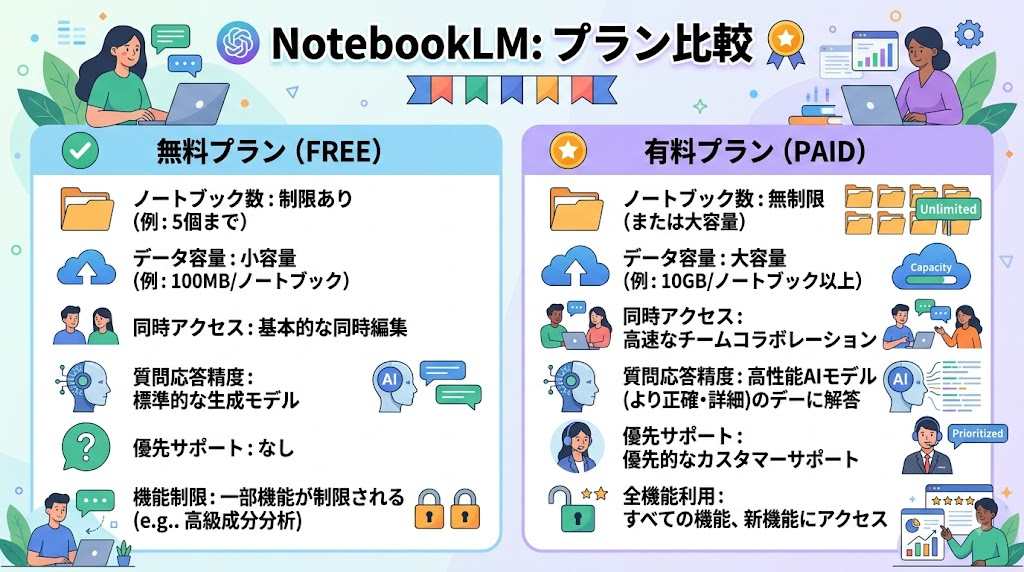 NotebookLMの無料プランと有料プランを比較しているイラスト