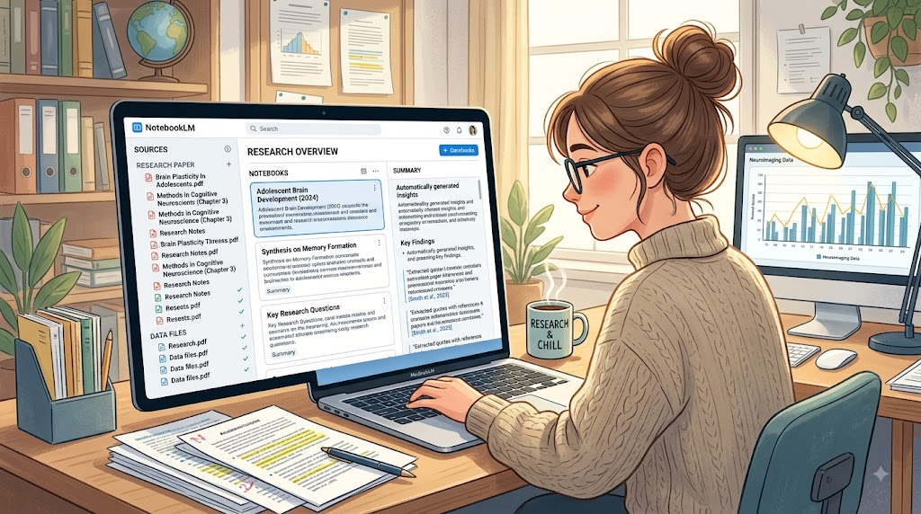 NotebookLMで論文や研究資料を整理している様子のイラスト