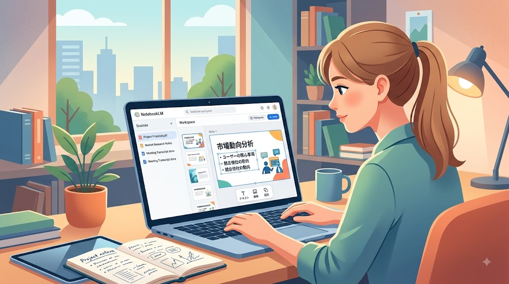 NotebookLMでスライド資料を作成している様子のイラスト
