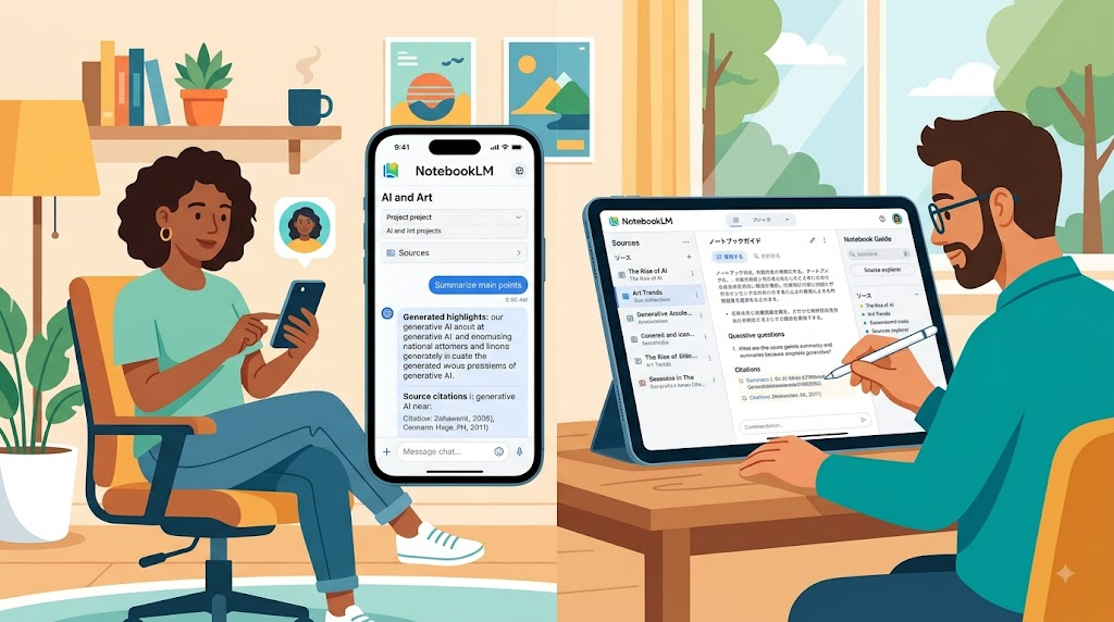 スマートフォンやiPadでNotebookLMを使っている様子のイラスト