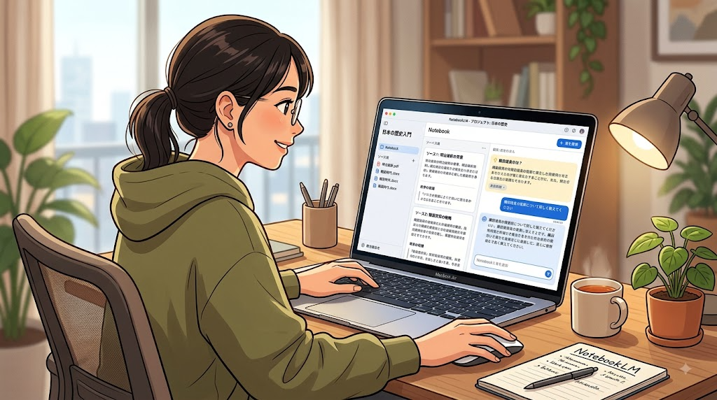 パソコン画面でNotebookLMを操作している様子のイラスト