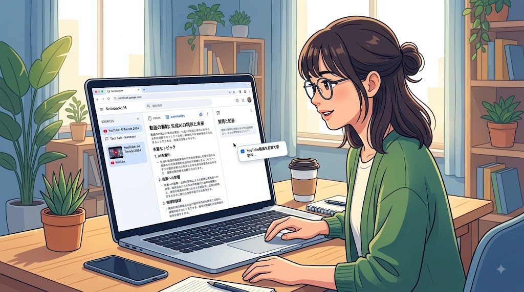 NotebookLMでYouTube動画の内容を要約している様子のイラスト