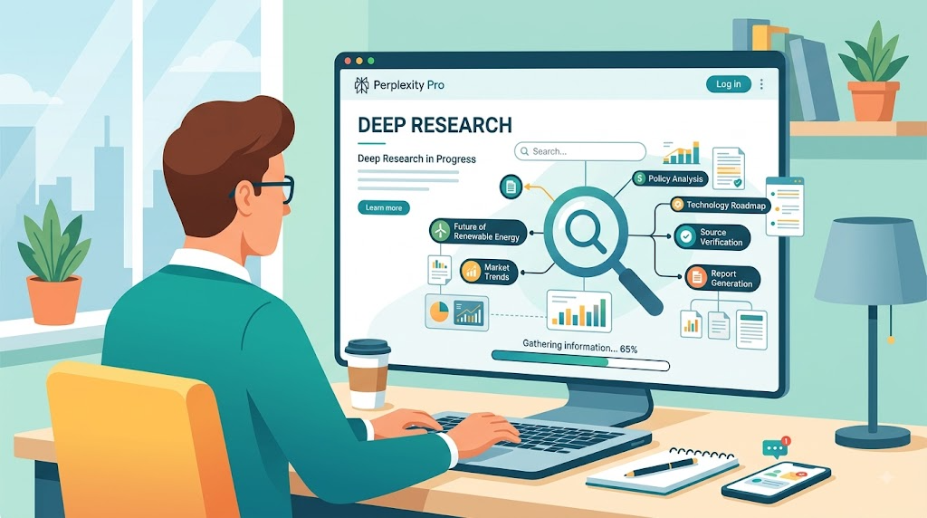 Perplexity ProでDeep Research機能を使っている様子のイラスト
