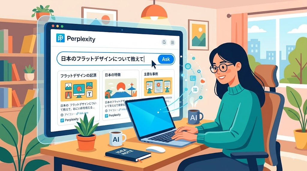 Perplexity AIで検索・質問をしている様子のイラスト