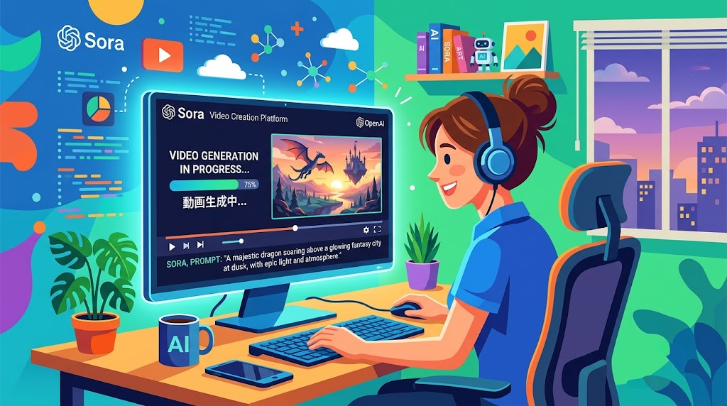 パソコンでSoraを使って動画を生成している様子のイラスト
