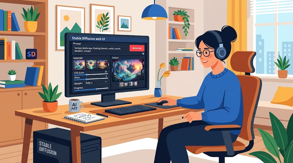 パソコンでStable Diffusionを使って画像を生成している様子のイラスト