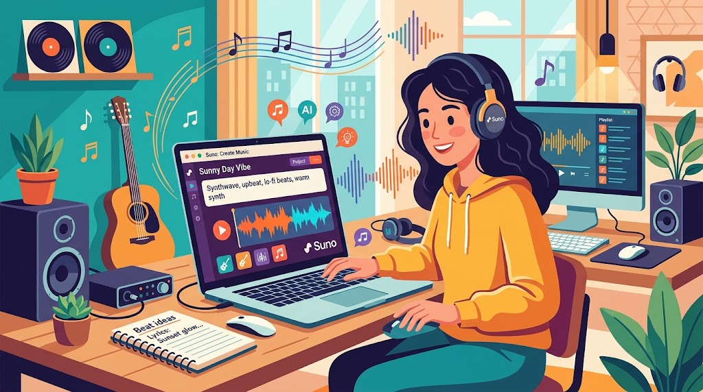 パソコンでSunoを使って音楽を作っている様子のイラスト