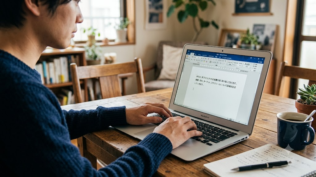 デスクの上でノートパソコンのWord画面を横から見ている様子の写真風イラスト、キーボードに手が置かれている