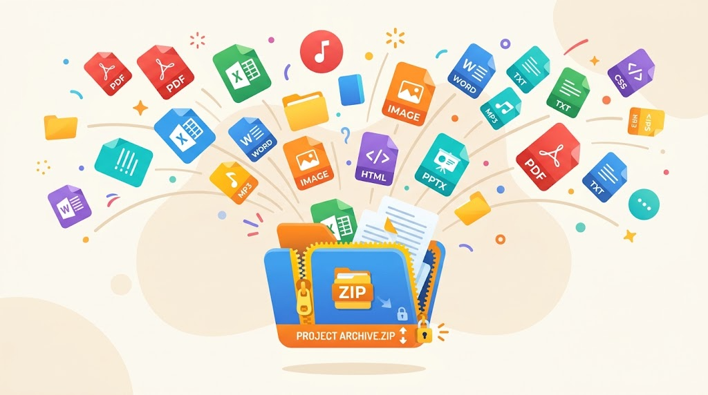 ZIPファイルを解凍しているイメージイラスト