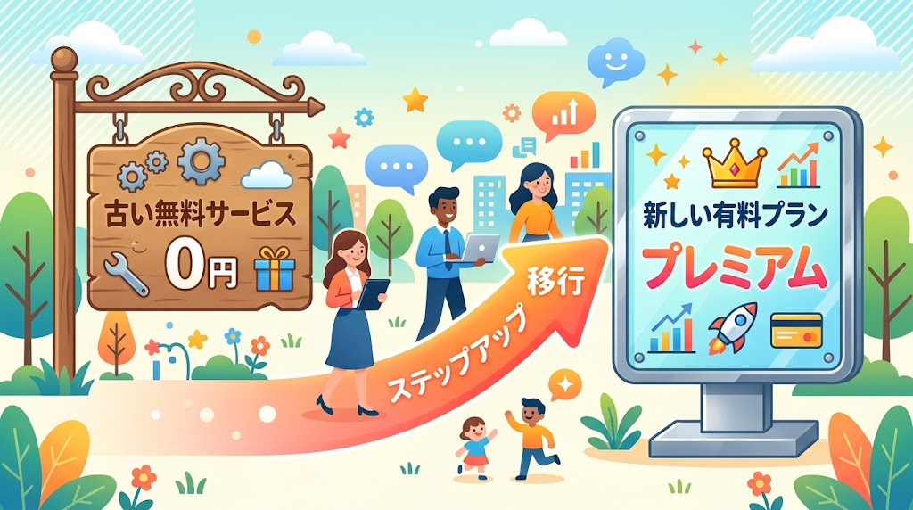 旧無料版から有料プランへ移行するイメージイラスト