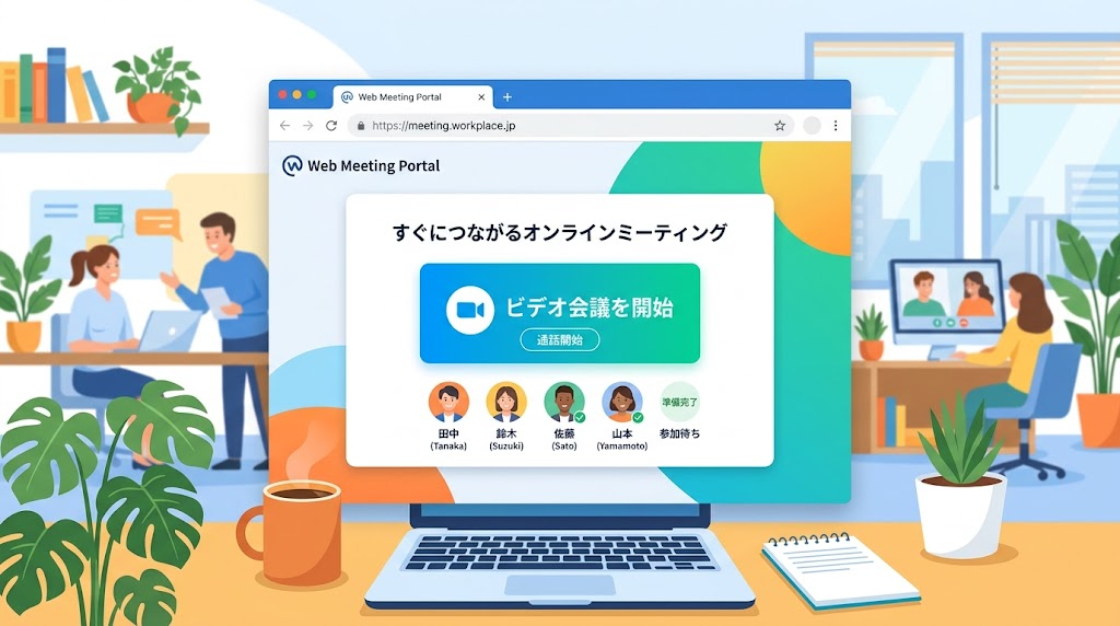 ブラウザですぐに会議を始めているイメージイラスト